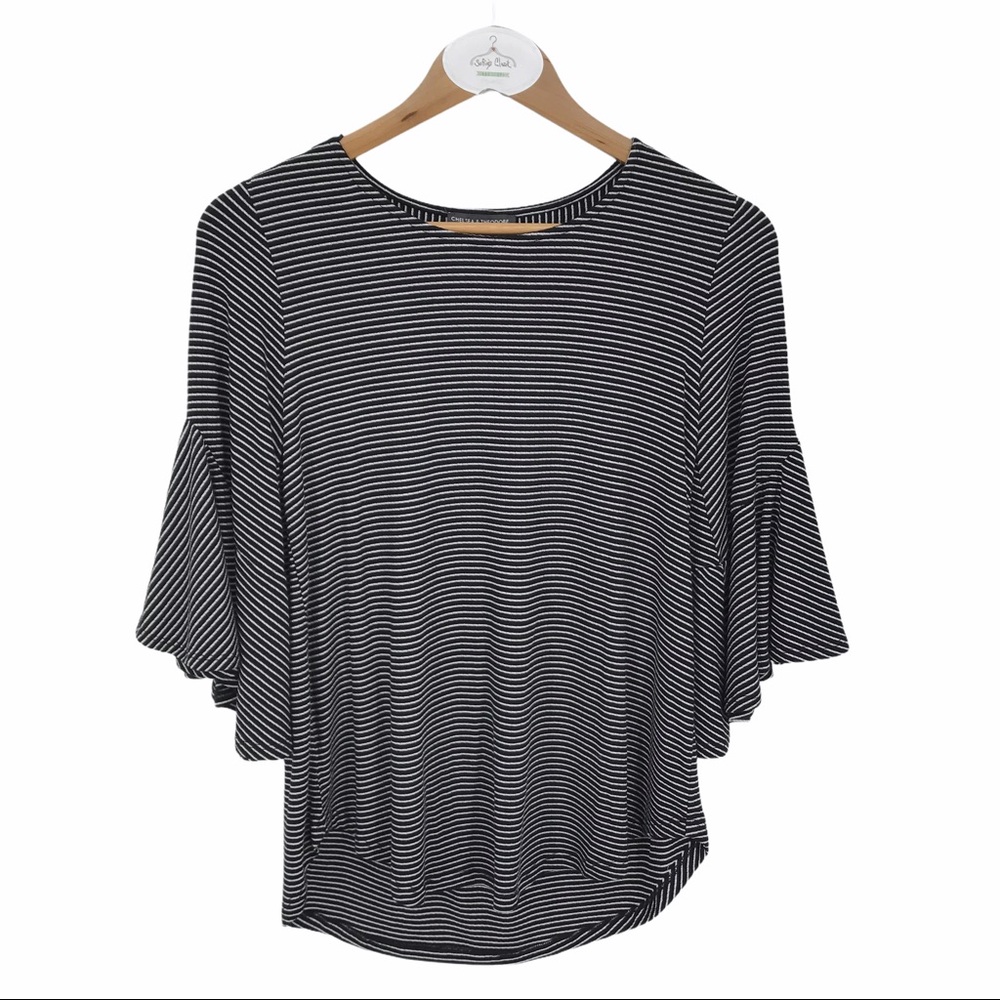 Chelsea Theodore knit top XS black white stripe short flounce sleeve NWT